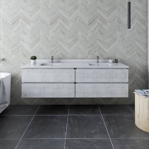 Image of Fresca Formosa 72" Rustic White Wall Hung Double Sink Modern Bathroom Vanity | FCB31-3636RWH-CWH-U