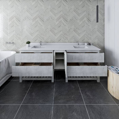 Image of Fresca Formosa 82" Rustic White Freestanding Open Bottom Double Sink Modern Bathroom Base Cabinet | FCB31-361236RWH-FS