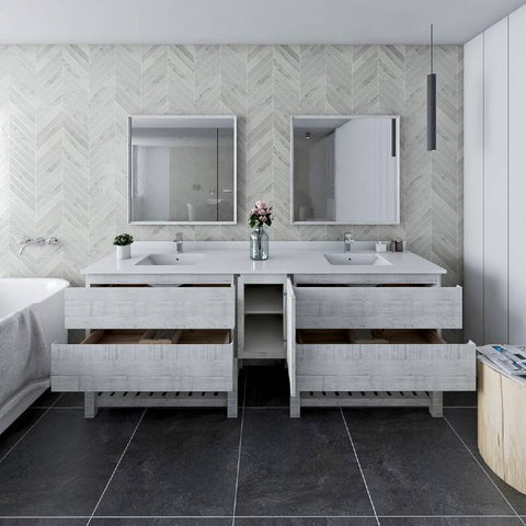Image of Fresca Formosa 84" Rustic White Freestanding Open Bottom Double Sink Modern Bathroom Vanity | FCB31-361236RWH-FS-CWH-U FCB31-361236RWH-FS-CWH-U