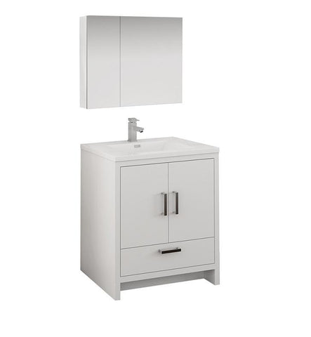 Image of Fresca Imperia 30" White Bath Bowl Vessel Drain Vanity Set w/ Cabinet & Faucet FVN9430WH-FFT1030BN