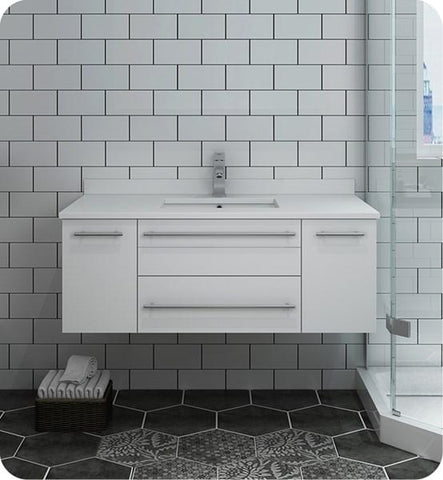 Image of Fresca Lucera 42" White Wall Hung Modern Bathroom Cabinet w/ Top & Undermount Sink | FCB6142WH-UNS-CWH-U FCB6142WH-UNS-CWH-U