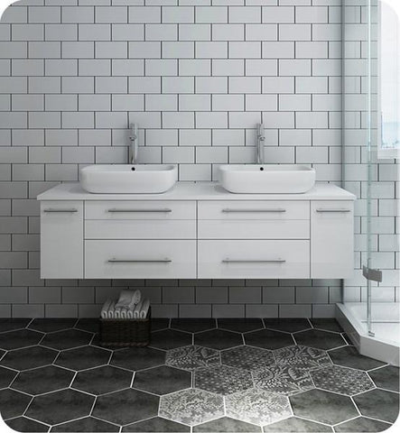 Image of Fresca Lucera 60" White Wall Hung Modern Bathroom Cabinet w/ Top & Double Vessel Sinks | FCB6160WH-VSL-D-CWH-V