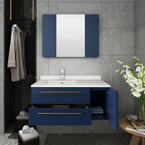 Image of Fresca Lucera Modern 30" Royal Blue Wall Hung Vessel Sink Bathroom Vanity Set- Left Version FVN6136RBL-UNS-L