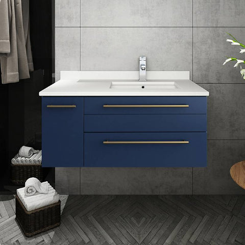 Image of Fresca Lucera Modern 36" Royal Blue Wall Hung Undermount Sink Bathroom Vanity- Right Version | FCB6136RBL-UNS-R-CWH-U FCB6136RBL-UNS-R-CWH-U