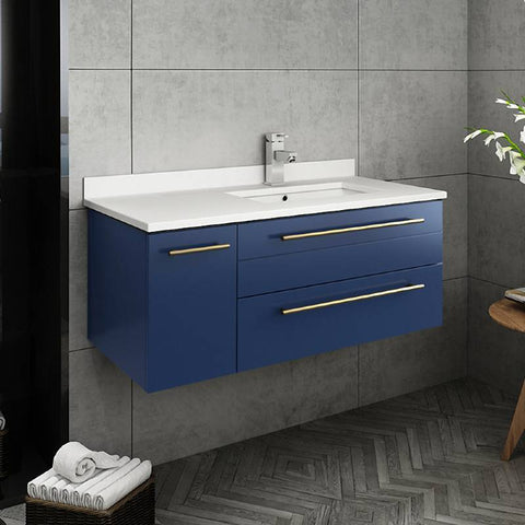 Image of Fresca Lucera Modern 36" Royal Blue Wall Hung Undermount Sink Bathroom Vanity Set- Right Version | FVN6136RBL-UNS-R FVN6136RBL-UNS-R