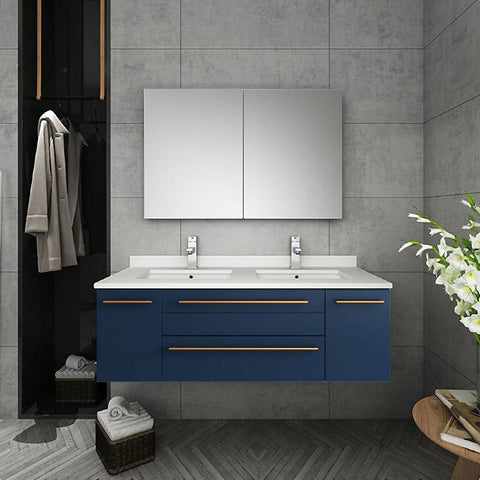 Image of Fresca Lucera Modern 48" Royal Blue Wall Hung Double Undermount Sink Bathroom Cabinet | FCB6148RBL-UNS-D FCB6148RBL-UNS-D