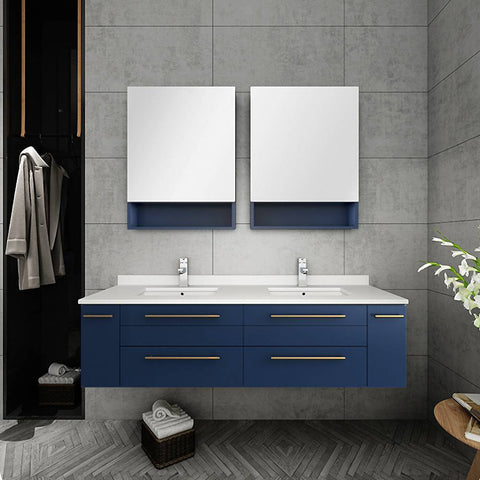 Image of Fresca Lucera Modern 60" Royal Blue Wall Hung Double Undermount Sink Bathroom Cabinet | FCB6160RBL-UNS-D FCB6160RBL-UNS-D