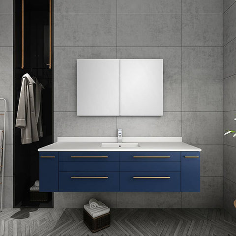 Image of Fresca Lucera Modern 60" Royal Blue Wall Hung Undermount Sink Bathroom Cabinet | FCB6160RBL-UNS FCB6160RBL-UNS
