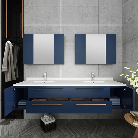 Image of Fresca Lucera Modern 72" Royal Blue Wall Hung Double Undermount Sink Bathroom Vanity Set | FVN6172RBL-UNS-D FVN6172RBL-UNS-D