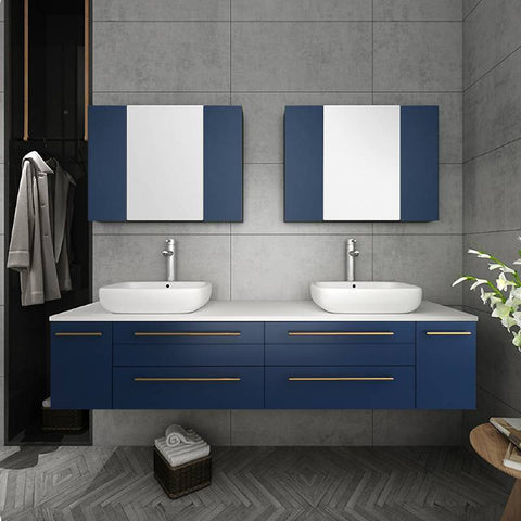 Image of Fresca Lucera Modern 72" Royal Blue Wall Hung Vessel Sink Bathroom Cabinet | FCB6172RBL-VSL FCB6172RBL-VSL