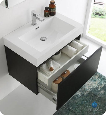 Image of Fresca Mezzo 30" Black Wall Hung Modern Bathroom Vanity w/ Medicine Cabinet | FVN8007BW