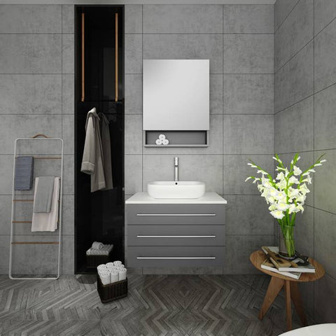 Image of Fresca Modello 32" Gray Wall Hung Modern Bathroom Vanity with Medicine Cabinet | FVN6183GR-VSL FVN6183GR-VSL