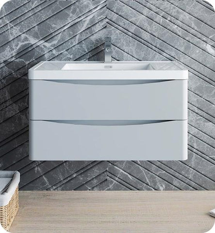 Image of Fresca Tuscany 36" Glossy Gray Wall Hung Modern Bathroom Cabinet w/ Integrated Sink | FCB9036GRG-I