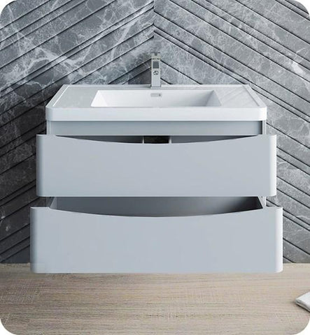 Image of Fresca Tuscany 36" Glossy Gray Wall Hung Modern Bathroom Cabinet w/ Integrated Sink | FCB9036GRG-I