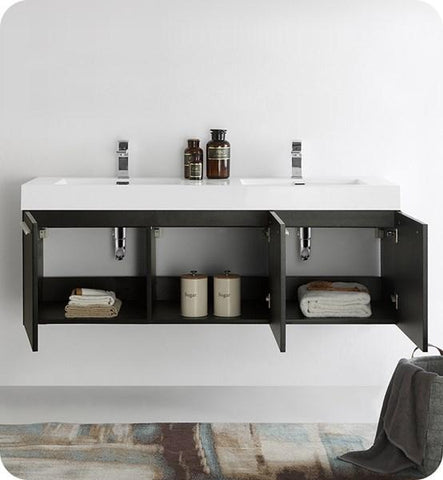 Image of Fresca Vista 60" Black Wall Hung Double Sink Modern Bathroom Cabinet | FCB8093BW-D FCB8093BW-D