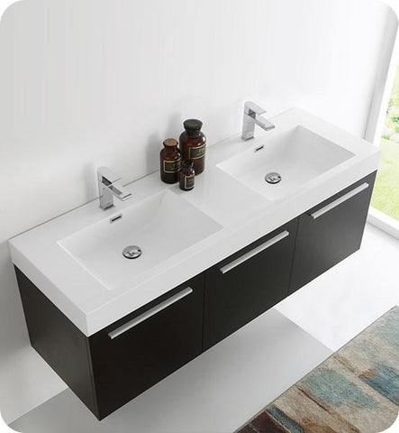 Image of Fresca Vista 60" Black Wall Hung Double Sink Modern Bathroom Cabinet | FCB8093BW-D FCB8093BW-D