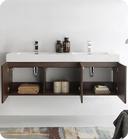 Image of Fresca Vista 60" Walnut Wall Hung Double Sink Modern Bathroom Cabinet | FCB8093GW-D