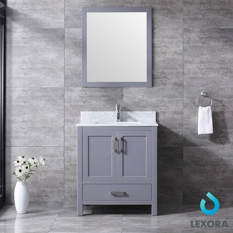 Image of Jacques 30" Dark Grey Single Vanity | White Carrara Marble Top | White Square Sink and 28" Mirror