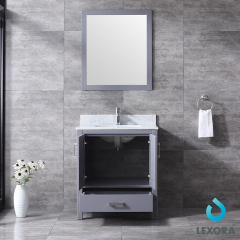 Image of Jacques 30" Dark Grey Single Vanity | White Carrara Marble Top | White Square Sink and 28" Mirror