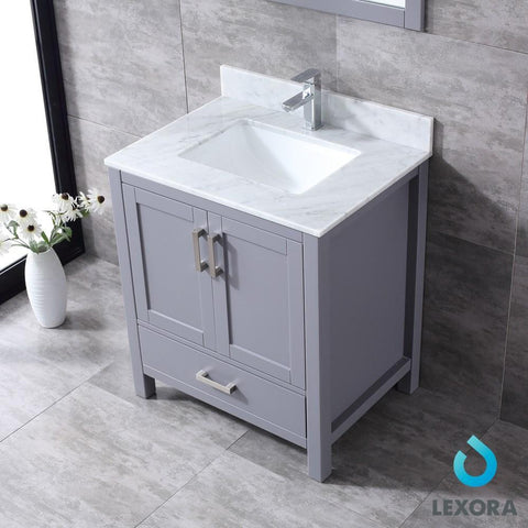 Image of Jacques 30" Dark Grey Single Vanity | White Carrara Marble Top | White Square Sink and 28" Mirror