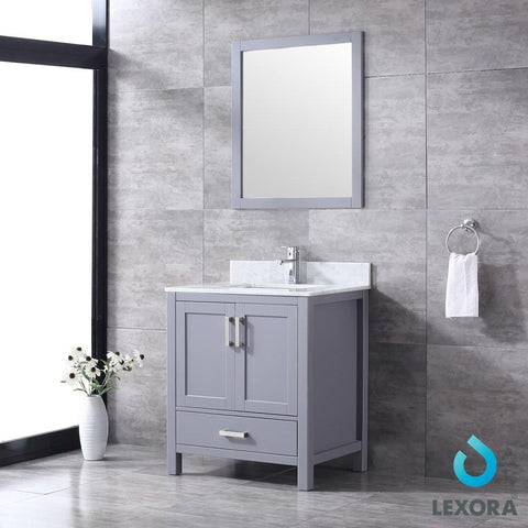 Image of Jacques 30" Dark Grey Single Vanity | White Carrara Marble Top | White Square Sink and 28" Mirror