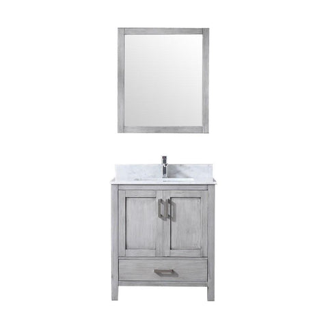 Image of Jacques 30" Distressed Grey Single Vanity | White Carrara Marble Top | White Square Sink and 28" Mirror