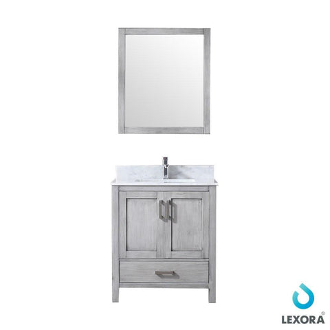 Image of Jacques 30" Distressed Grey Single Vanity | White Carrara Marble Top | White Square Sink and 28" Mirror