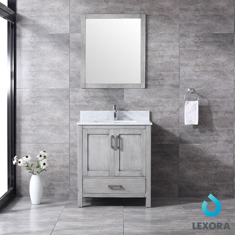 Image of Jacques 30" Distressed Grey Single Vanity | White Carrara Marble Top | White Square Sink and 28" Mirror