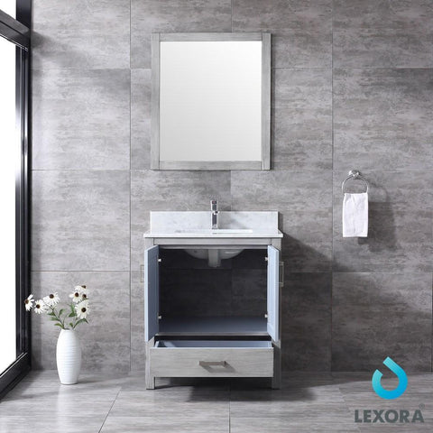 Image of Jacques 30" Distressed Grey Single Vanity | White Carrara Marble Top | White Square Sink and 28" Mirror