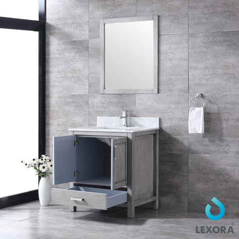 Image of Jacques 30" Distressed Grey Single Vanity | White Carrara Marble Top | White Square Sink and 28" Mirror