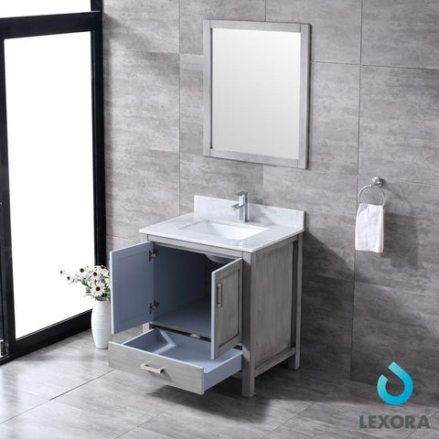 Image of Jacques 30" Distressed Grey Single Vanity | White Carrara Marble Top | White Square Sink and 28" Mirror