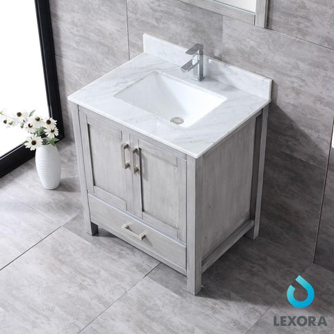 Image of Jacques 30" Distressed Grey Single Vanity | White Carrara Marble Top | White Square Sink and 28" Mirror