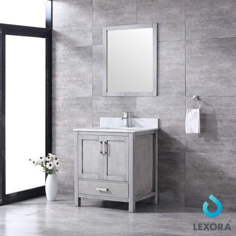 Image of Jacques 30" Distressed Grey Single Vanity | White Carrara Marble Top | White Square Sink and 28" Mirror