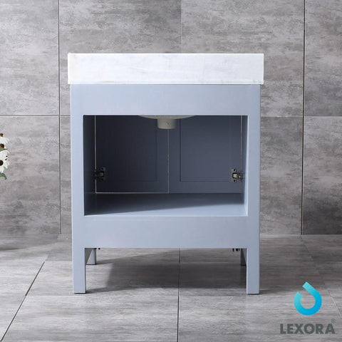 Image of Jacques 30" Distressed Grey Single Vanity | White Carrara Marble Top | White Square Sink and 28" Mirror