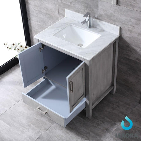 Image of Jacques 30" Distressed Grey Single Vanity | White Carrara Marble Top | White Square Sink and 28" Mirror