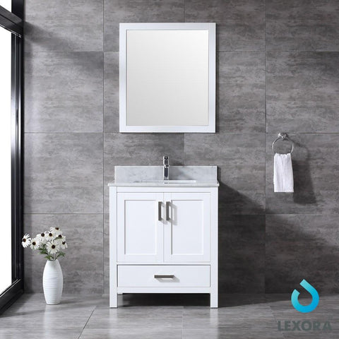 Image of Jacques 30" White Single Vanity | White Carrara Marble Top | White Square Sink and 28" Mirror