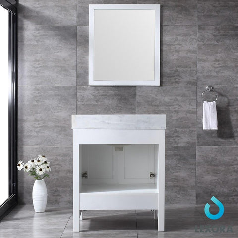Image of Jacques 30" White Single Vanity | White Carrara Marble Top | White Square Sink and 28" Mirror