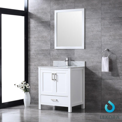 Image of Jacques 30" White Single Vanity | White Carrara Marble Top | White Square Sink and 28" Mirror