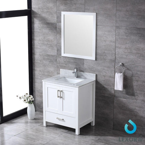 Image of Jacques 30" White Single Vanity | White Carrara Marble Top | White Square Sink and 28" Mirror