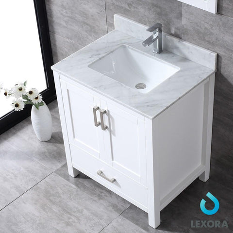 Image of Jacques 30" White Single Vanity | White Carrara Marble Top | White Square Sink and 28" Mirror