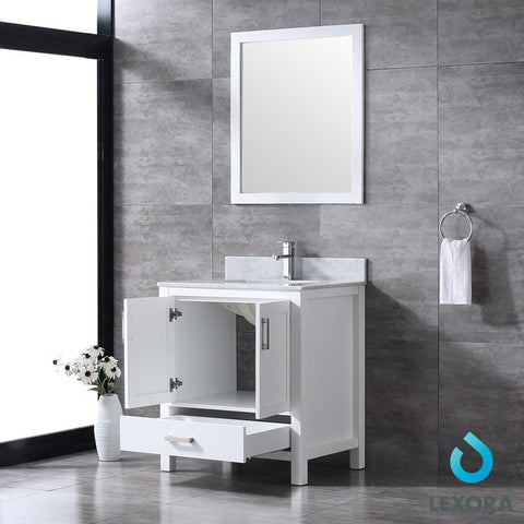 Image of Jacques 30" White Single Vanity | White Carrara Marble Top | White Square Sink and 28" Mirror