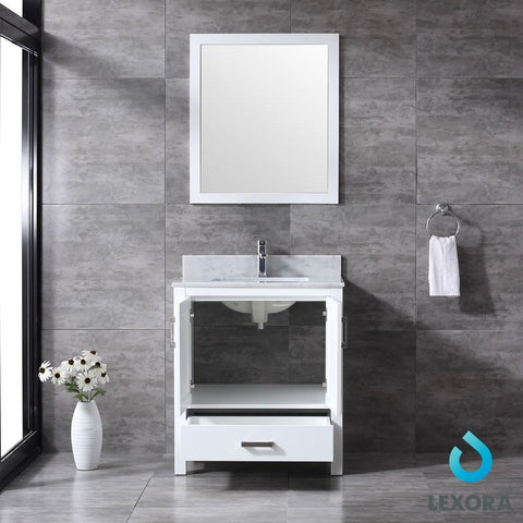 Image of Jacques 30" White Single Vanity | White Carrara Marble Top | White Square Sink and 28" Mirror