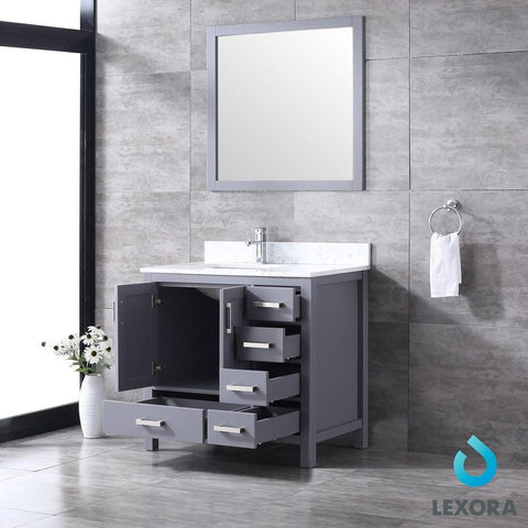 Image of Jacques 36" Dark Grey Single Vanity | White Carrara Marble Top | White Square Sink and 34" Mirror - Left Version