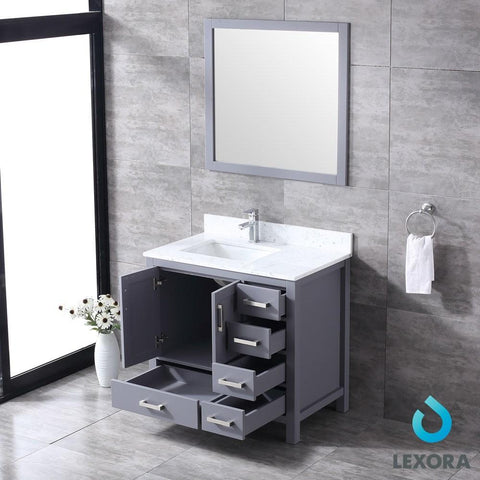 Image of Jacques 36" Dark Grey Single Vanity | White Carrara Marble Top | White Square Sink and 34" Mirror - Left Version