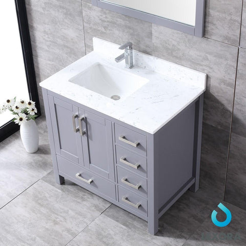 Image of Jacques 36" Dark Grey Single Vanity | White Carrara Marble Top | White Square Sink and 34" Mirror - Left Version