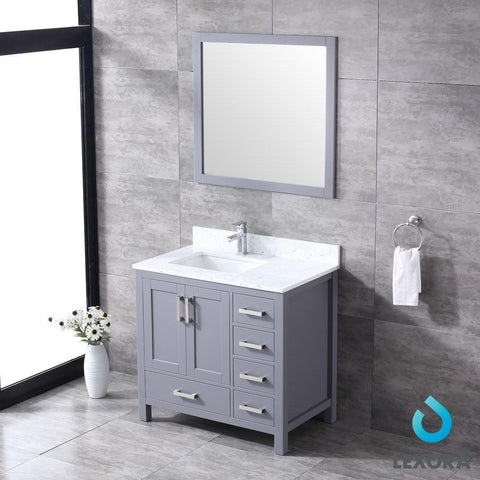 Image of Jacques 36" Dark Grey Single Vanity | White Carrara Marble Top | White Square Sink and 34" Mirror - Left Version