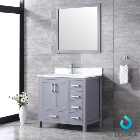Image of Jacques 36" Dark Grey Single Vanity | White Carrara Marble Top | White Square Sink and 34" Mirror - Left Version