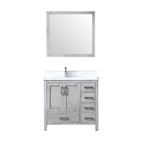 Image of Jacques 36" Distressed Grey Single Vanity | White Carrara Marble Top | White Square Sink and 34" Mirror - Left Version