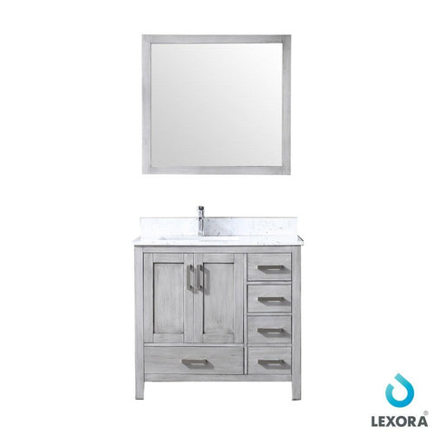 Image of Jacques 36" Distressed Grey Single Vanity | White Carrara Marble Top | White Square Sink and 34" Mirror - Left Version
