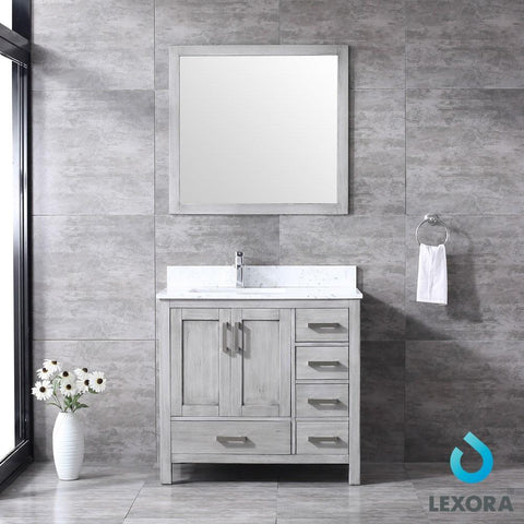 Image of Jacques 36" Distressed Grey Single Vanity | White Carrara Marble Top | White Square Sink and 34" Mirror - Left Version